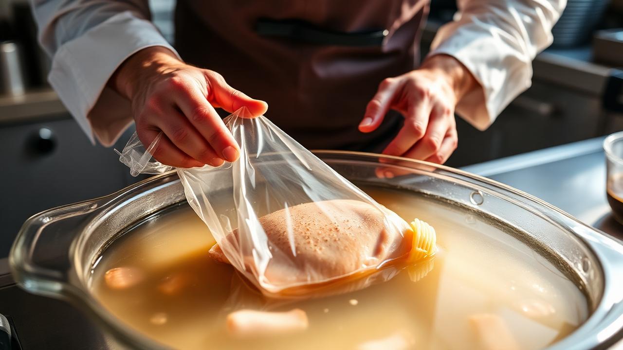 Kucharz przygotowujący mięso metodą sous vide w profesjonalnej kuchni